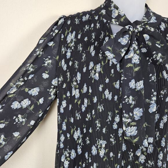 MNG Mango Womens Pleated Floral Blouse Relaxed Necktie Black Cottage Romantic 6 - Picture 8 of 16